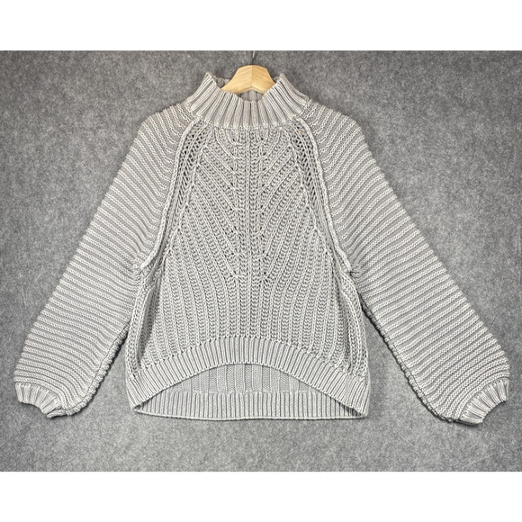 Free People Chunky Knit Sweater Womens Medium Gray High Neck Cable Knit - Picture 1 of 9